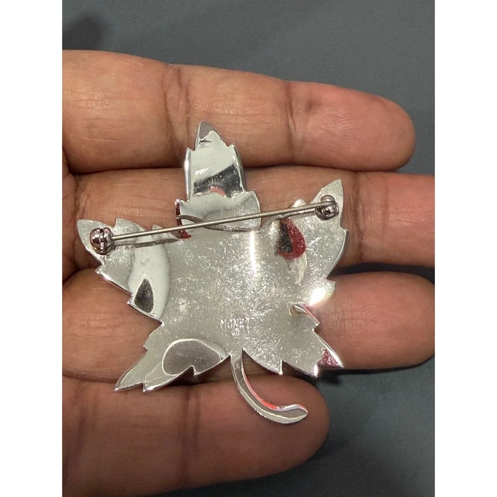 Monet Maple Leaf Brooch Silver Tone Layered Vintage Textured High Polished Pin